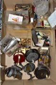 ONE BOX OF FISHING REELS, FLOATS AND HOOKS, to include a quantity of painted lures, weights and