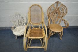 A THONET STYLE BAMBOO ROCKING CHAIR, with cane seat and back, a Spanish Filigree style wicker chair,