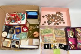 A BOX OF ASSORTED COSTUME JEWELLERY AND ITEMS, to include beaded necklaces, yellow and white metal