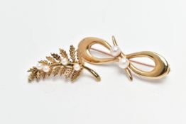 TWO 9CT GOLD CULTURED PEARL BROOCHES, the first a 9ct gold 'Cropp & Farr' floral spray brooch with