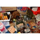 EIGHT BOXES OF ASSORTED HOUSEHOLD SUNDRIES, to include a set of vintage Salter kitchen scales, a