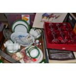TWO BOXES AND LOOSE CERAMICS, GLASS, METAL WARES AND SUNDRY ITEMS, to include a mid-twentieth