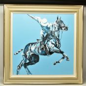 JOY HARRIS (BRITISH CONTEMPORARY) 'BLUE SKY I', a study of a Polo player astride his pony, signed