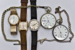 TWO POCKET WATCHES AND A SELECTION OF WRISTWATCHES, the first a hand wound movement, white dial