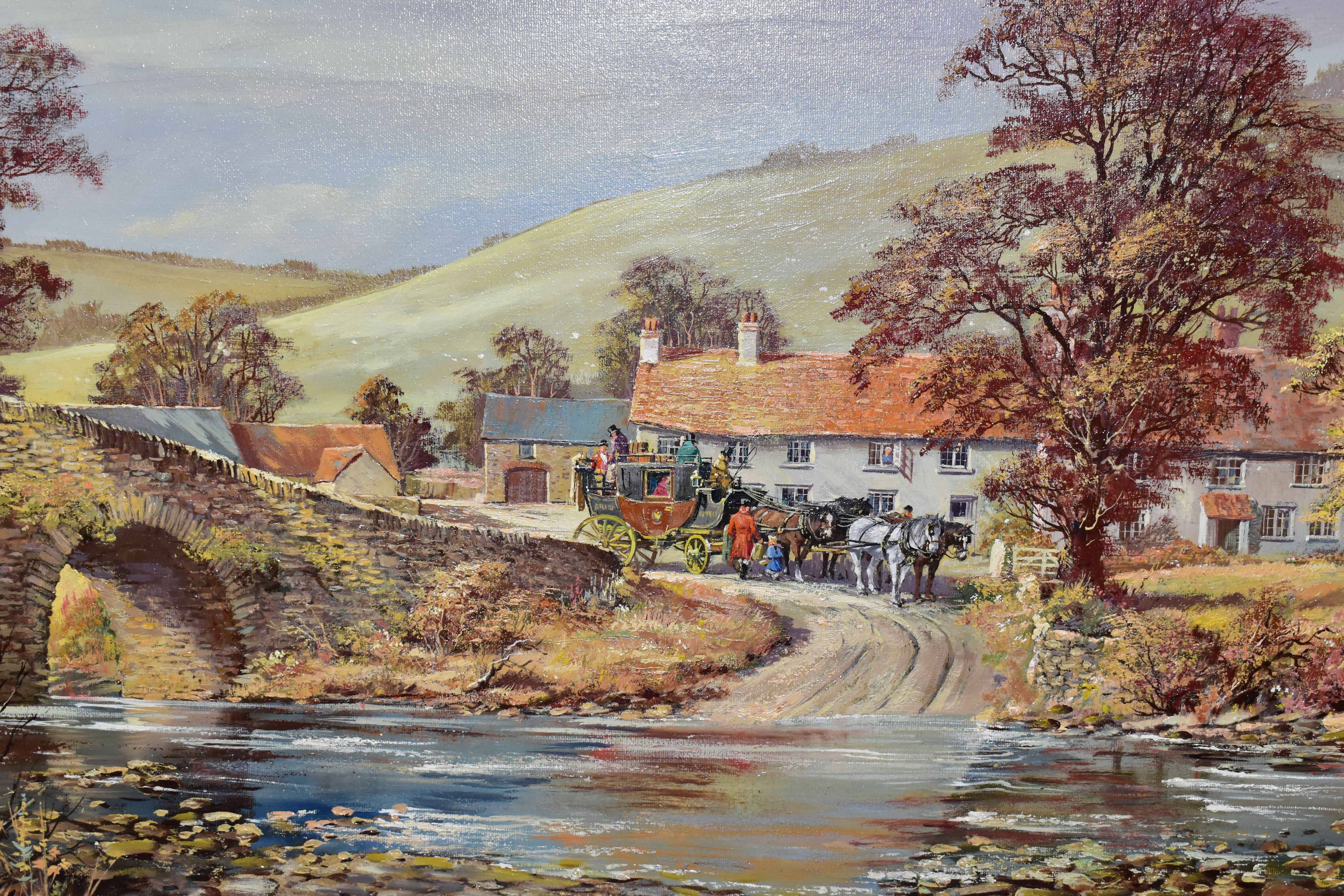 DON VAUGHAN (BRITISH 1916-??) 'LORNA DOONE FARM WITH STAGE COACH', a nostalgic English landscape - Image 2 of 7