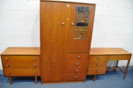 A MID CENTURY TEAK THREE PIECE BEDROOM SUITE, comprising a wardrobe with one large door, one small