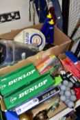 TWO BOXES AND LOOSE FISHING AND SPORTING ITEMS, to include Mitchell 3550 RD, Daiwa 7500, and