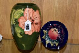 A MOORCROFT POTTERY HIBISCUS VASE AND FINCHES TRINKET DISH, the baluster vase tube lined in Coral