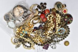 AN ASSORTMENT OF SILVER, COSTUME JEWELLERY AND COINS, to include two silver hinged bangles,