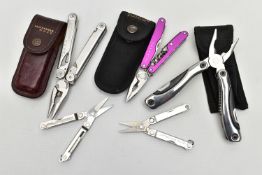 FIVE PEN KNIVES, the first a 'Leatherman wave' knife encased in a leather pouch, a 'Leatherman Juice