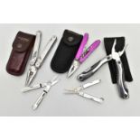 FIVE PEN KNIVES, the first a 'Leatherman wave' knife encased in a leather pouch, a 'Leatherman Juice