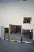 A SELECTION OF WALL MIRRORS, to include two gilt wall mirrors, one mirror size 103cm x 133cm, a