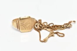 A 9CT GOLD SIGNET RING AND A 9CT GOLD CHAIN, the first a 9ct gold signet ring of rectangular outline