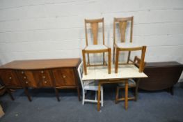 A FORMICA TOP DRAW LEAF TABLE, four art deco chairs, a mahogany sideboard, and a mahogany gate leg