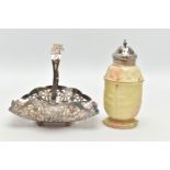 A SILVER TOPED SUGAR CASTER AND EPNS BONBON BASKET, a cream and pink caster signed 'Locke & Co of