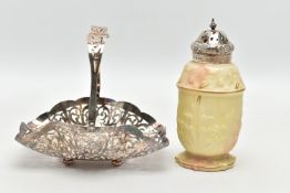 A SILVER TOPED SUGAR CASTER AND EPNS BONBON BASKET, a cream and pink caster signed 'Locke & Co of