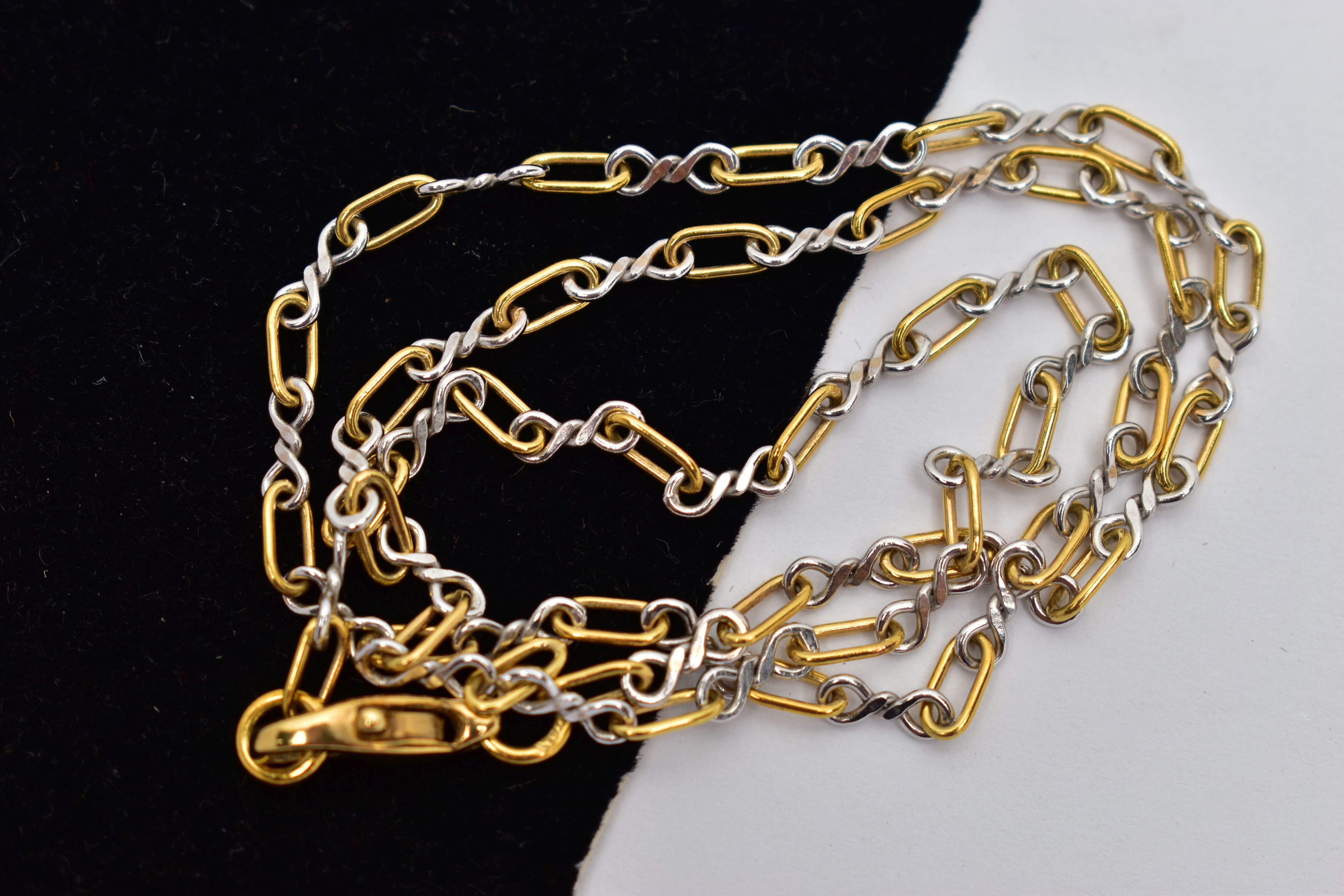 AN 18CT GOLD NECKLACE, comprising a series of yellow and white gold oval and infinity links, with - Image 2 of 2