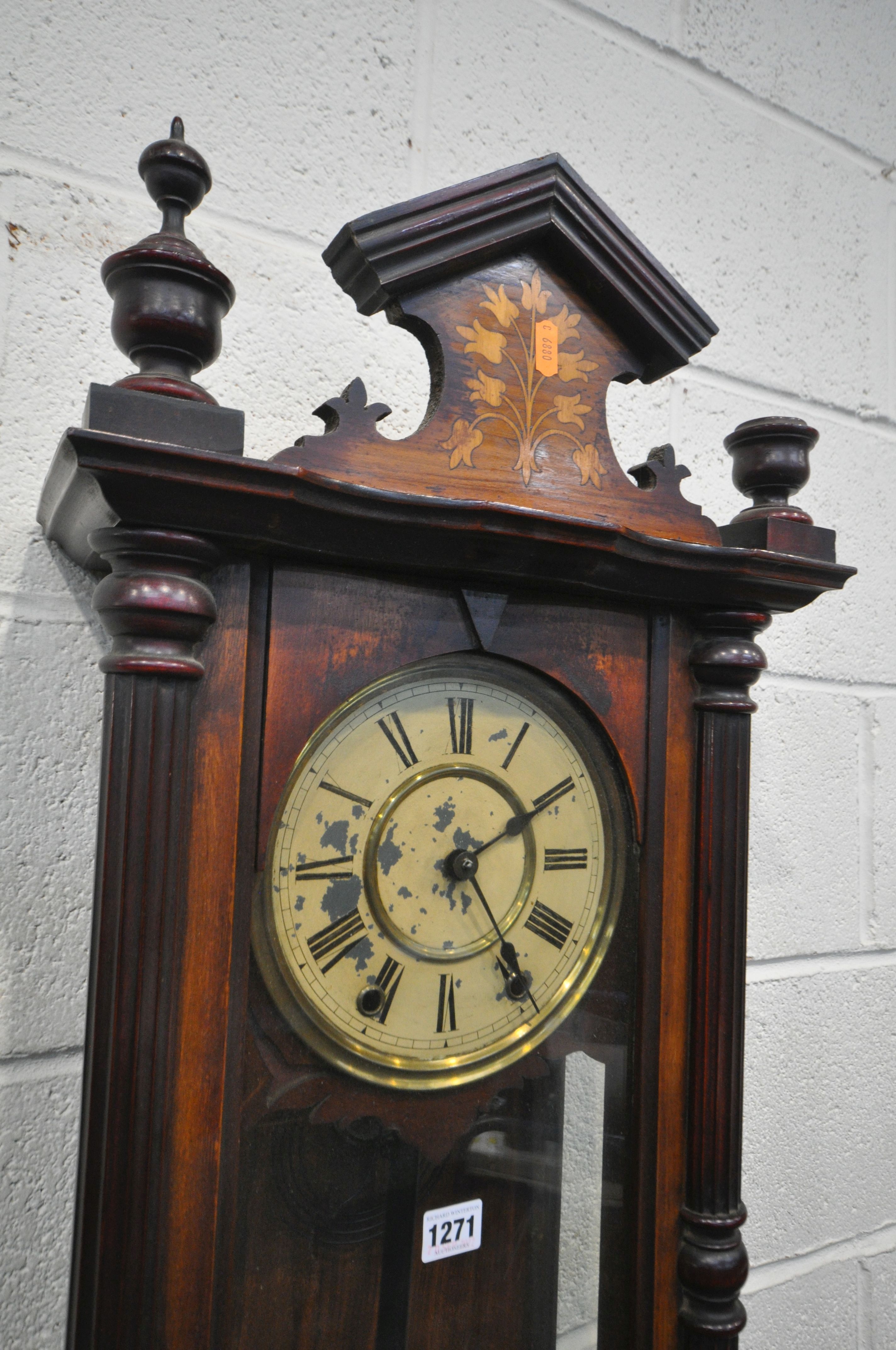 A 19TH CENTURY WALNUT AND INLAID VIENNA WALL CLOCK, height 112cm, with winding key and pendulum ( - Image 2 of 2