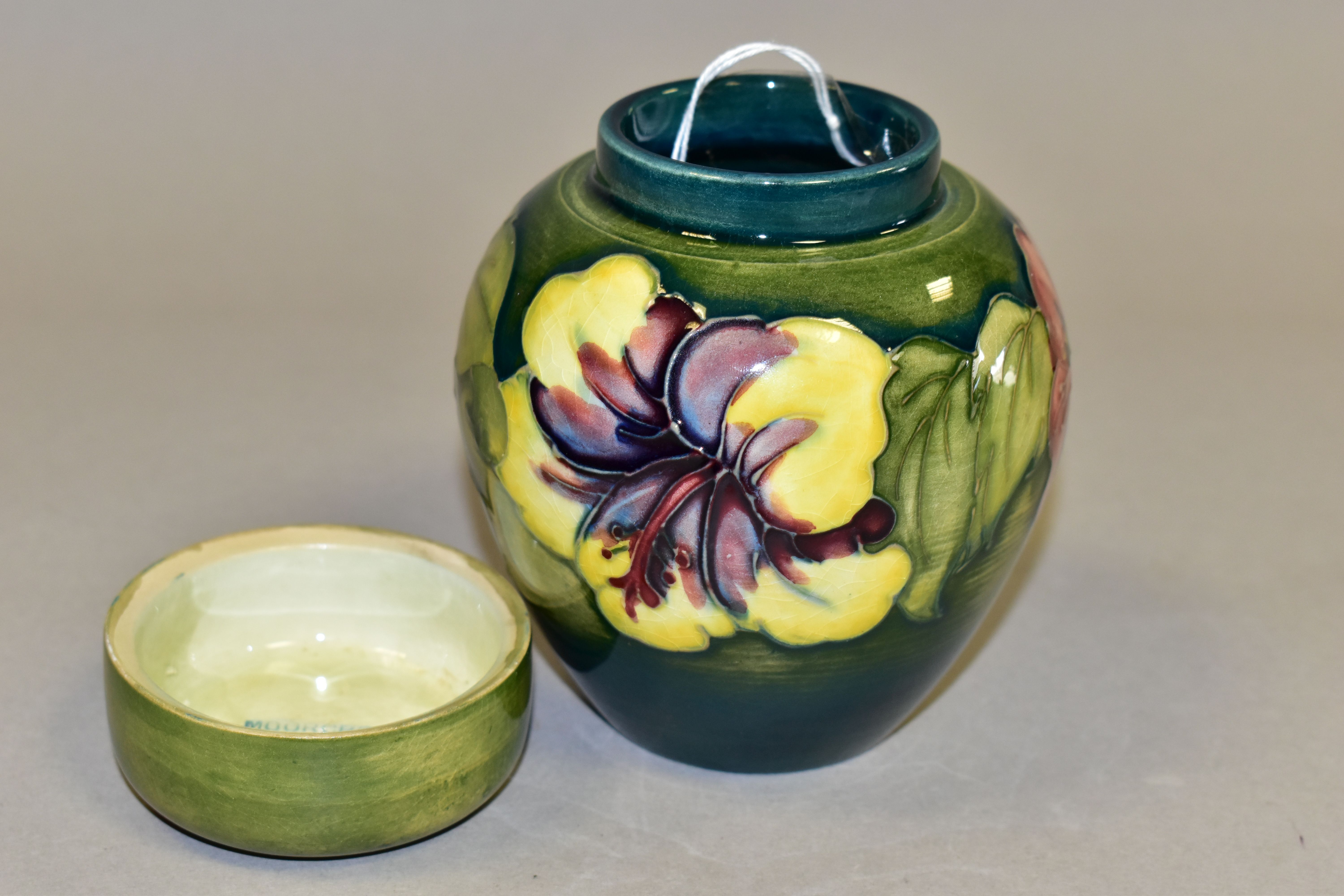 A MOORCROFT POTTERY HIBISCUS PATTERN COVERED GINGER JAR, the green ground decorated with pink, - Image 3 of 4