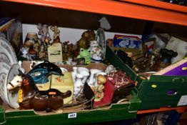 THREE BOXES OF HOUSEHOLD ORNAMENTS AND SUNDRIES, to include two boxed Royal Doulton 'Brambly