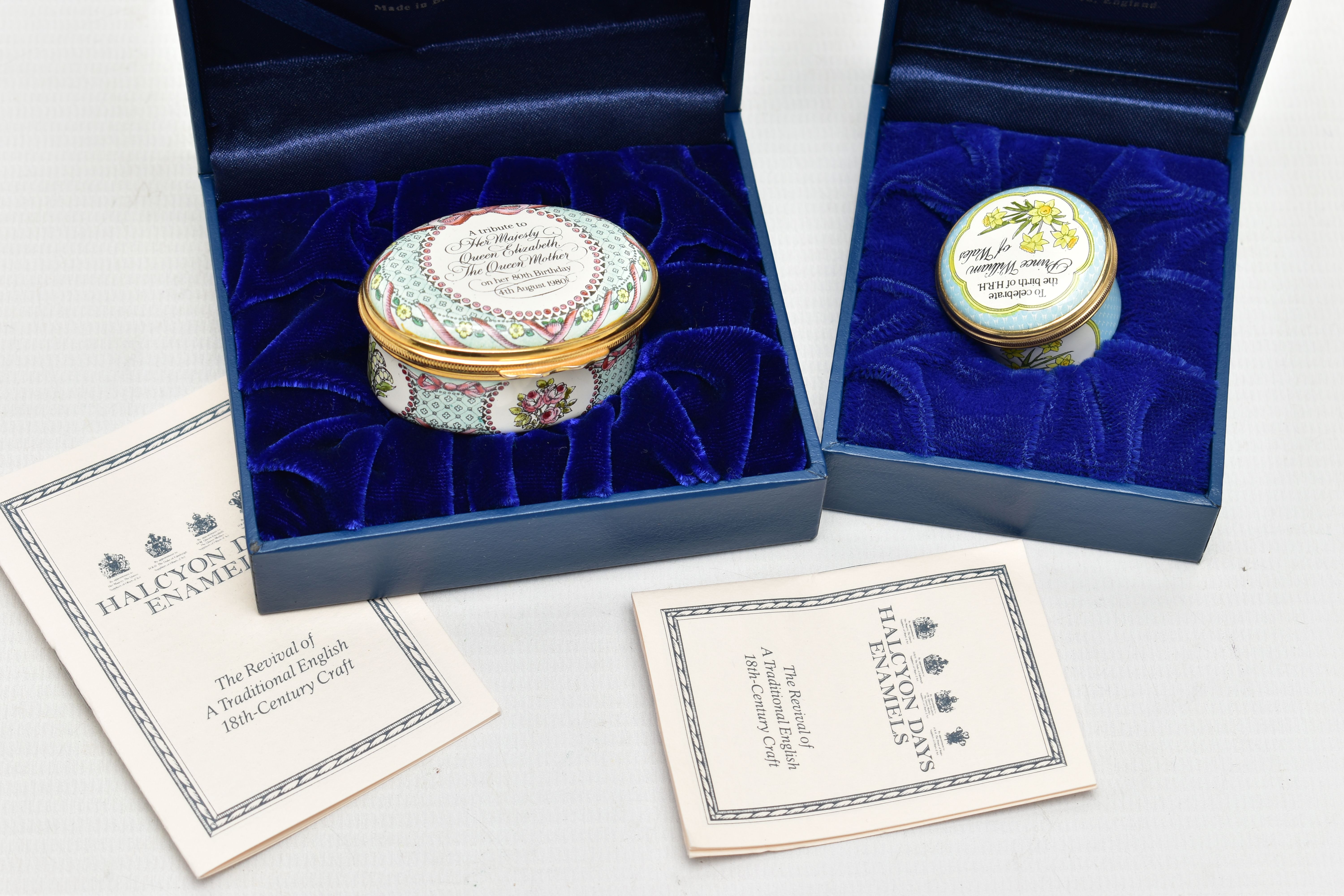 TWO HALCYON DAYS ENAMEL TRINKET BOXES, the first to commemorate Queen Elizabeth the Queen Mother