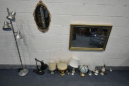 A SELECTION OF VARIOUS LAMPS, to include a chrome three branch standard lamp, a black angle poise