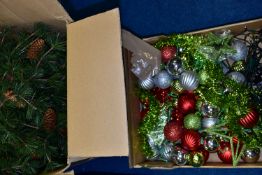 THREE BOXES OF MODERN CHRISTMAS BAUBLES TOGETHER WITH A CHRISTMAS TREE, over twenty red, silver