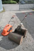 A VINTAGE WEBB CYLINDER PETROL LAWNMOWER, with glass box (engine turns, well rusted condition) and a