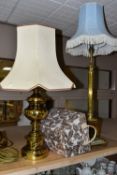 TWO BRASS LAMPS, comprising a table lamp height including fitting 47cm, a tall lamp with a square
