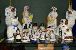 A GROUP OF STAFFORDSHIRE/STAFFORDSHIRE STYLE CERAMICS, to include a pair of spaniels height 31cm,