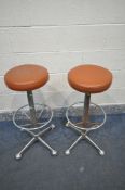A PAIR OF VINTAGE INDUSTRIAL CHROME HIGH STOOLS, height 80cm (both well rusted)
