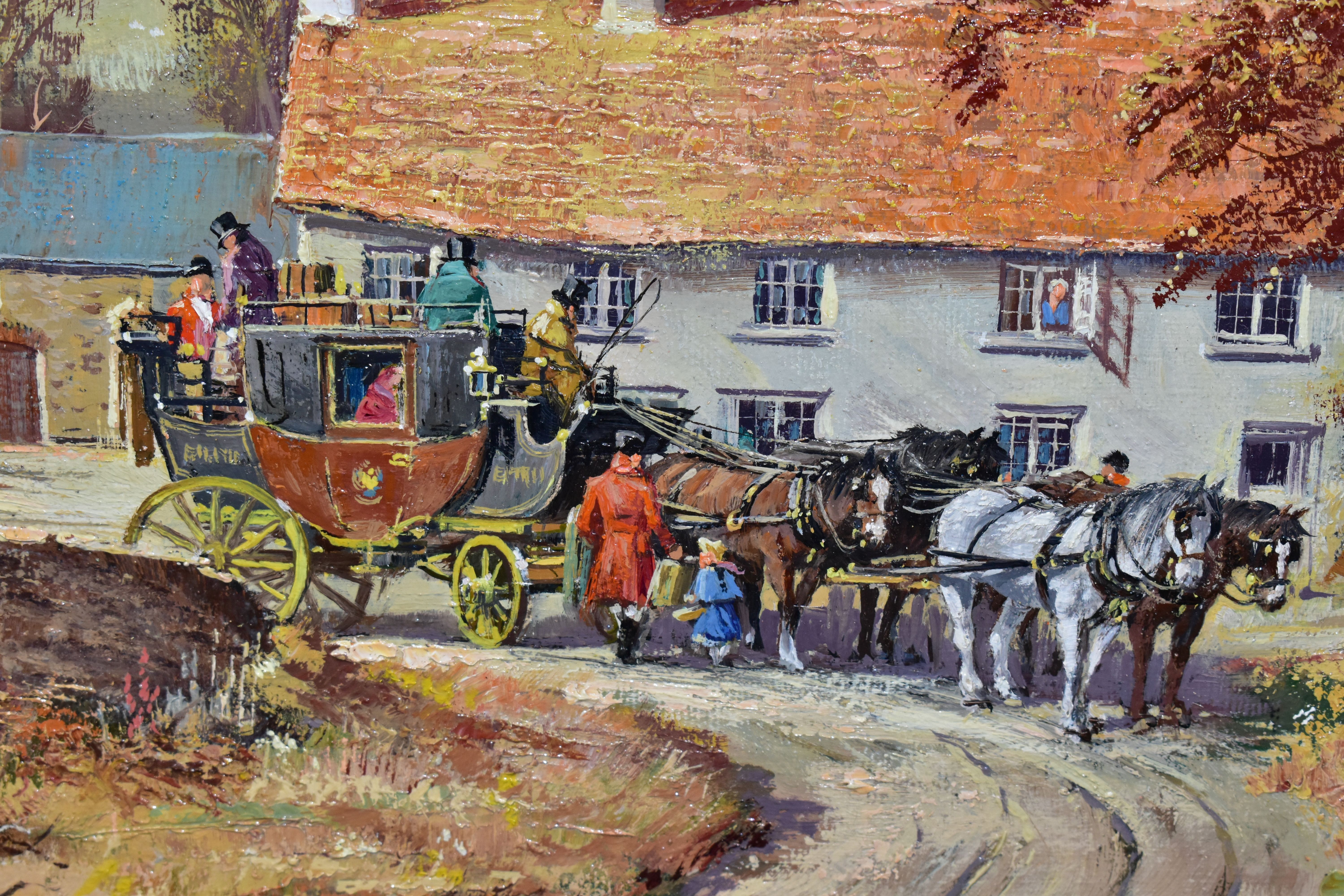 DON VAUGHAN (BRITISH 1916-??) 'LORNA DOONE FARM WITH STAGE COACH', a nostalgic English landscape - Image 6 of 7