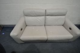 A CREAM LEATHERETTE UPHOLSTERED RECLINING TWO SEATER SOFA, length 200cm x depth 100cm x height