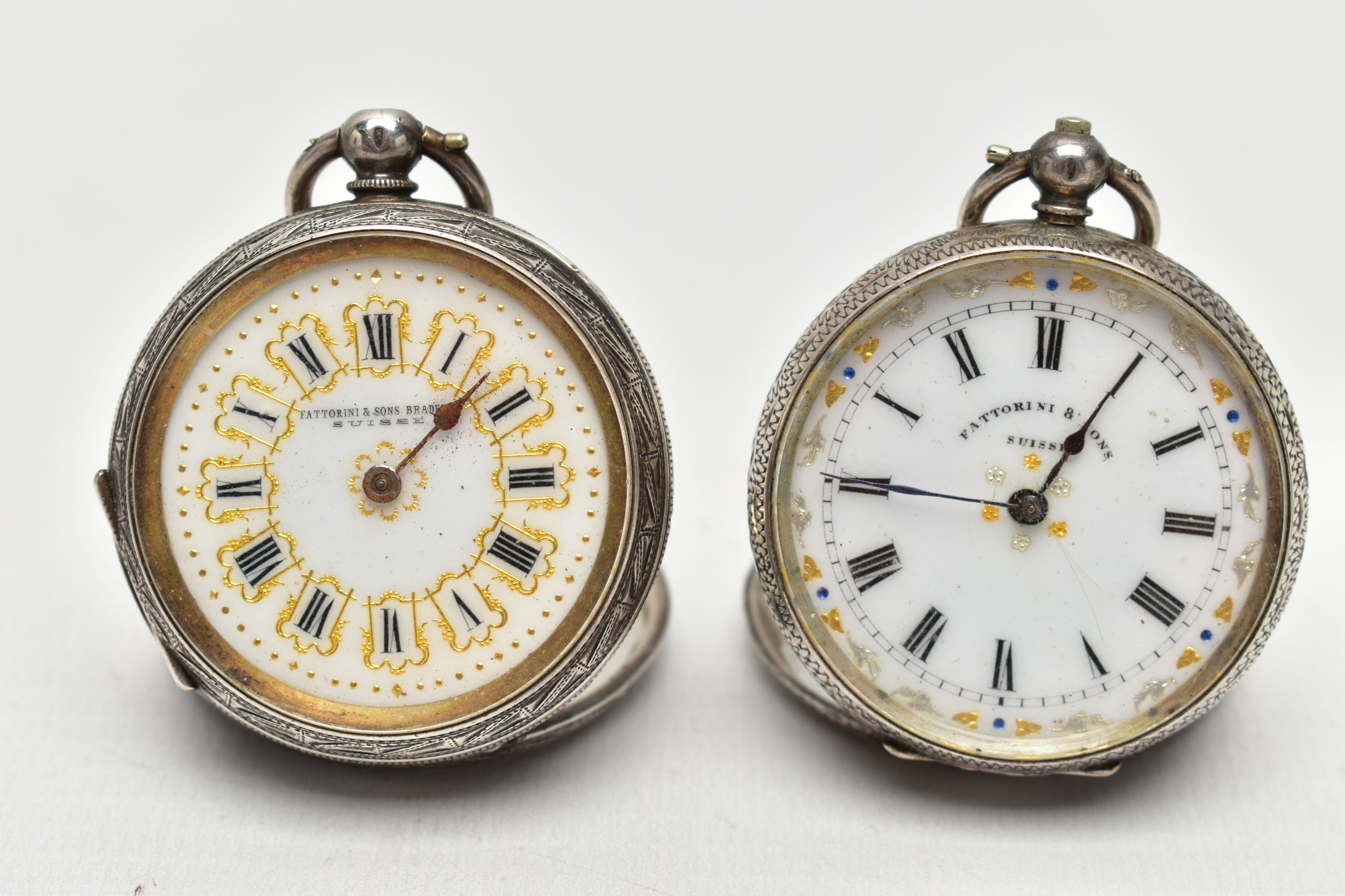 TWO SILVER LADIES POCKET WATCHES, the first a white circular dial with Roman numeral hourly markers,