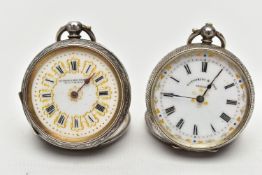 TWO SILVER LADIES POCKET WATCHES, the first a white circular dial with Roman numeral hourly markers,