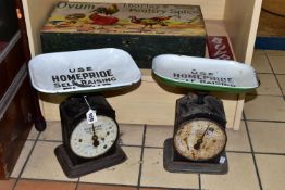 A COLLECTION OF VINTAGE ADVERTISING ITEMS comprising two Homepride self raising flour scales (enamel
