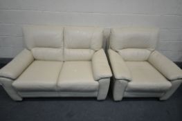 A CREAM LEATHERETTE TWO PIECE LOUNGE SUITE, comprising a two seater sofa, length 144cm x depth 100cm