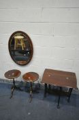 A PAIR OF MAHOGANY WINE TABLES, diameter 32cm x height 55cm (condition:-repair to tripod legs) a