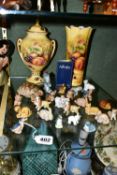 TWO AYNSLEY ORCHARD GOLD VASES AND A COLLECTION OF WADE WHIMSIES, to include an Aynsley Orchard Gold