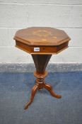 A VICTORIAN WALNUT OCTAGONAL TRUMPET WORK TABLE, with a marquetry inlay to the lid, on tripod