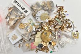 A BAG OF ASSORTED ITEMS, to include assorted watch dials, a selection of rolled gold stretch link