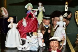 A GROUP OF ROYAL DOULTON FIGURINES, TOBY AND CHARACTER JUGS, comprising Autumn Breezes HN1934,