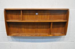 AN ERCOL ELM HANGING PLATE RACK, width 106cm x height 49cm (condition - surface marks and