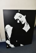 A MONOCHROMATIC STENCIL PORTRAIT DEPICTING A FEMALE FIGURE, indistinctly signed and dated '05?,