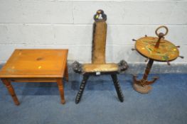 A SPANISH TRIPLE LEGGED STOOL, a fur fabric, a Spanish Nortical table, and a pine table (3)