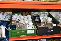 SIX BOXES OF CERAMICS, GLASSWARE AND SUNDRIES, to include a pair of ladies 'Bite' golf shoes UK size