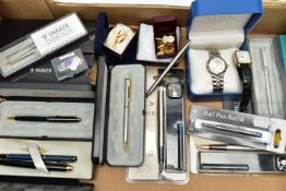 A BOX OF ASSORTED WRISTWATCHES AND PENS, to include a boxed 'Rotary' wristwatch, model number 10377,