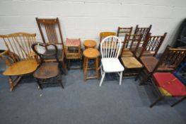A SELECTION OF VARIOUS CHAIRS AND STOOLS, to include a beech rocking chair, with spindle back and
