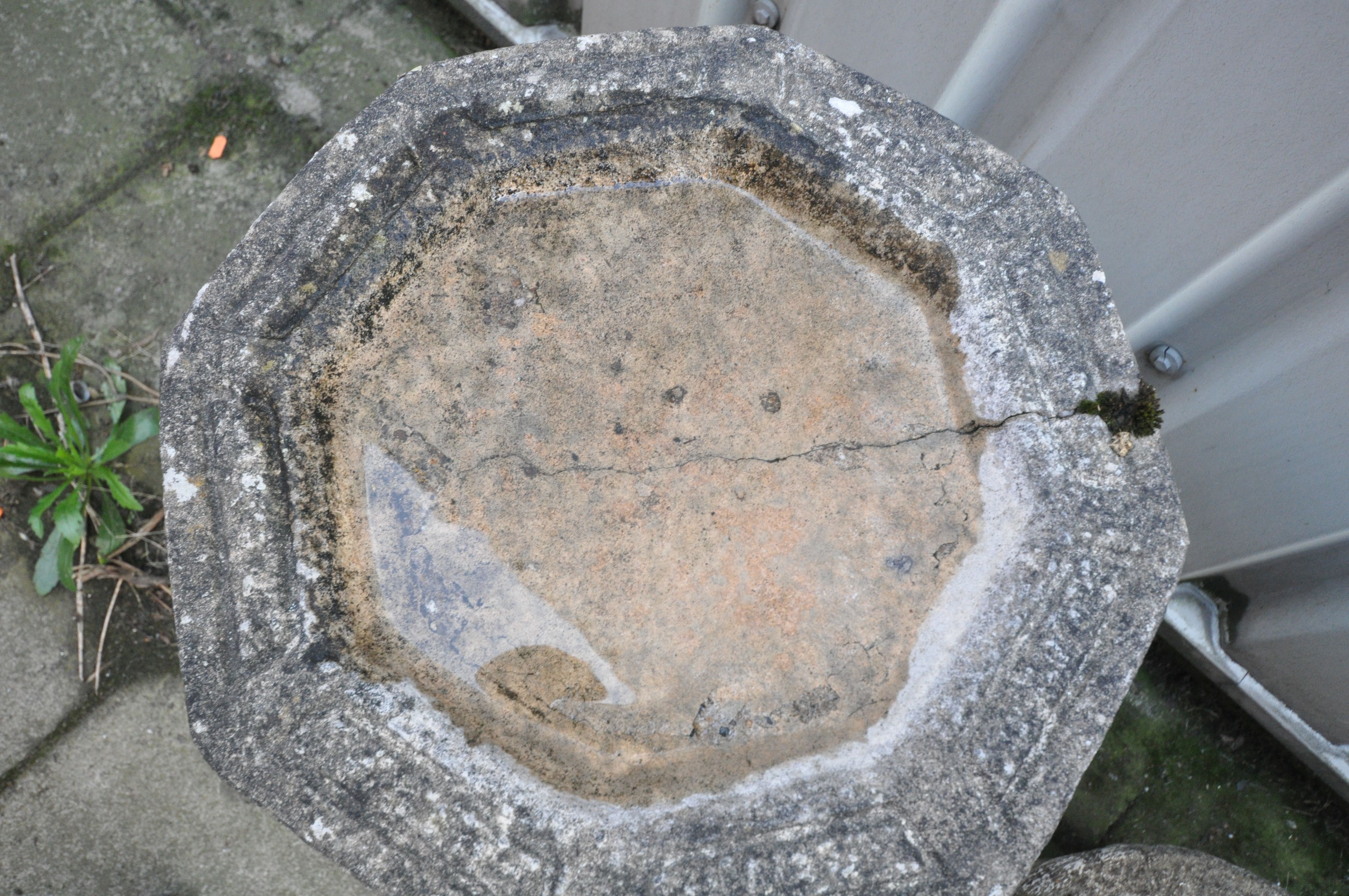 A WEATHERED COMPOSITE WISHING WELL PLANTER, and an octagonal bird bath on a separate brick effect - Image 2 of 3