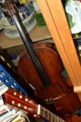 A CELLO IN NEED OF RESTORATION AND AN ACOUSTIC GUITAR, the cello with two piece back, the guitar